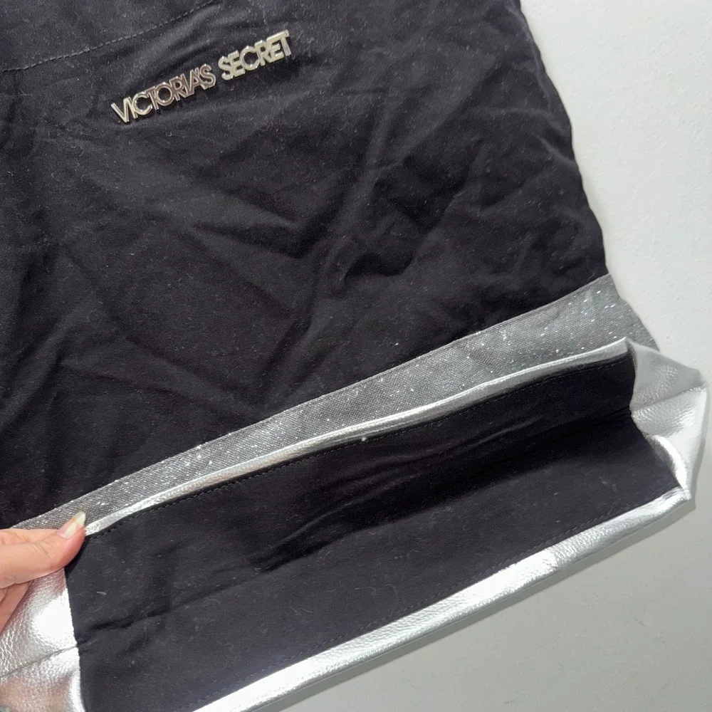 Victoria's Secret Black Silver Glitter Colorblock Tote Bag Metallic Logo